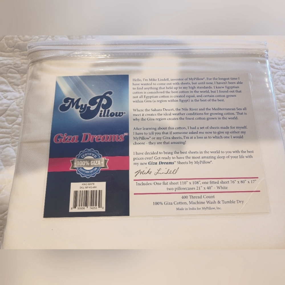 My pillow Giza King size white sheet set NEW